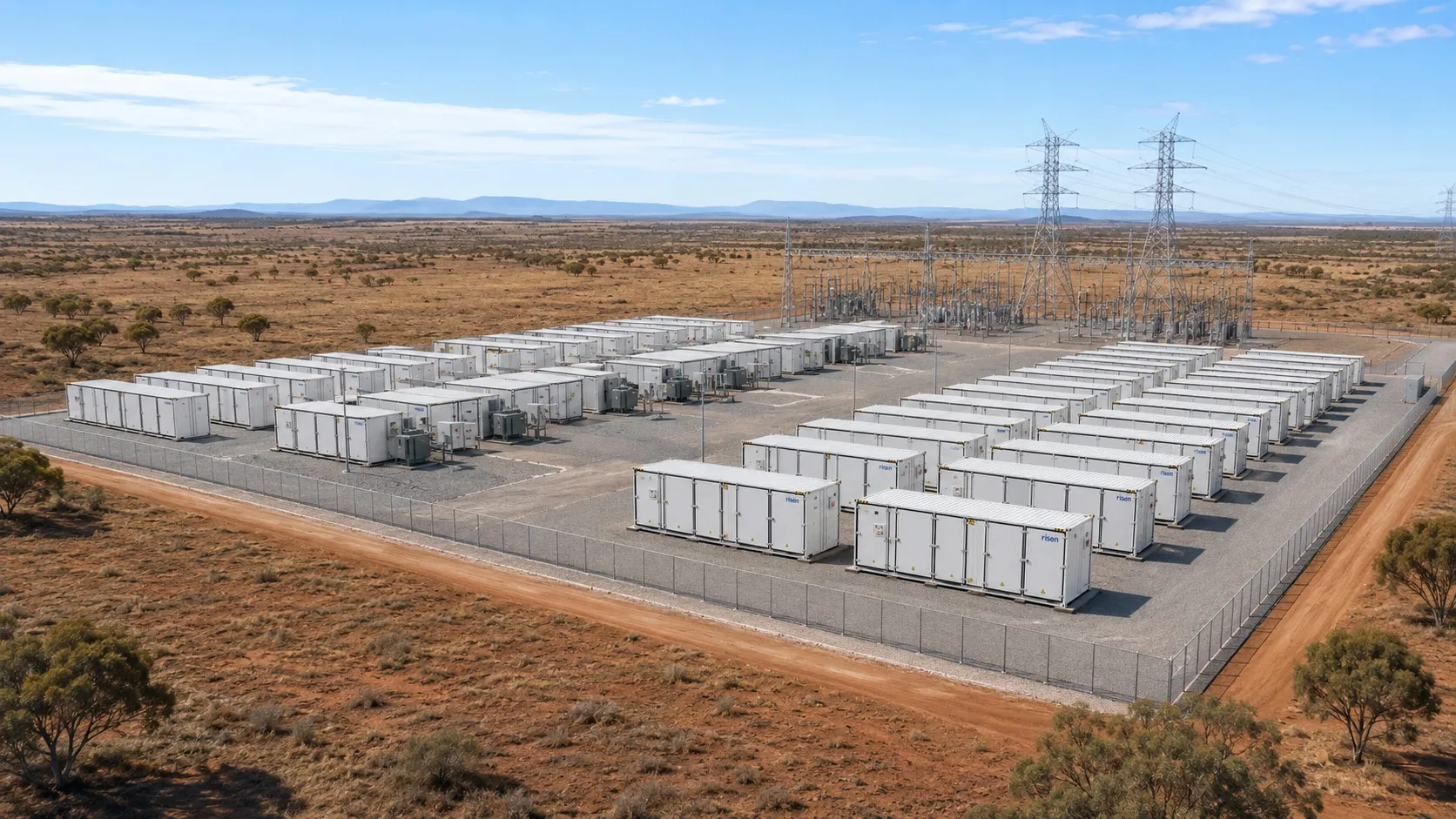 Rows of Risen battery storage containers beside a high-voltage substation on the arid South Australian plain near Port Pirie