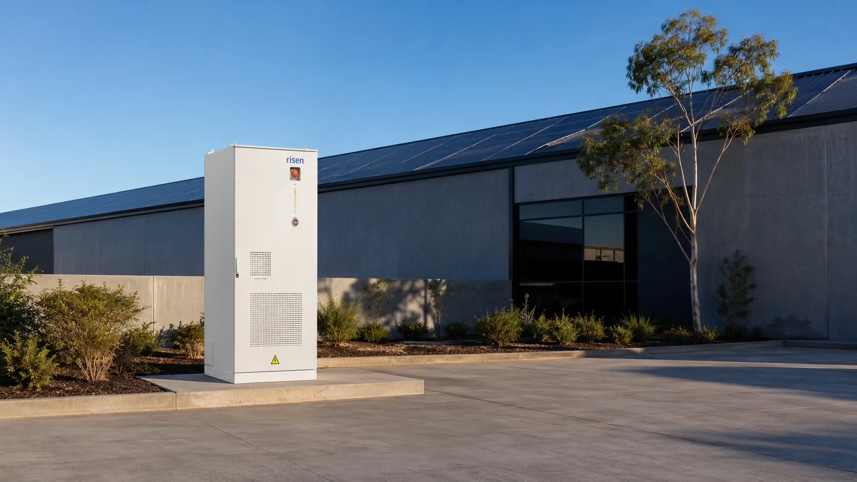 A Risen iCon all-in-one commercial battery storage cabinet on a concrete pad outside an Australian business premises with rooftop solar