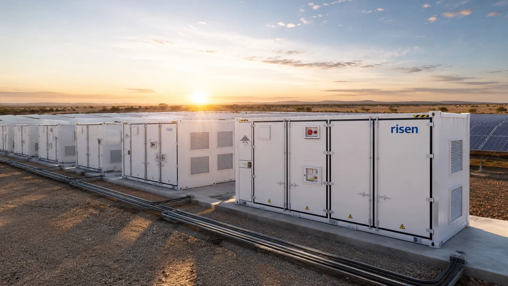 A row of Risen eTron battery storage units deployed beside a utility-scale solar farm in outback Australia at golden hour