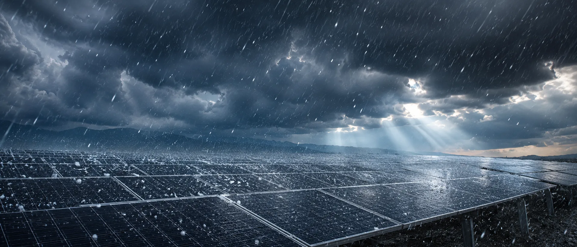 A solar array standing intact under a heavy hailstorm as sunlight breaks through the storm clouds