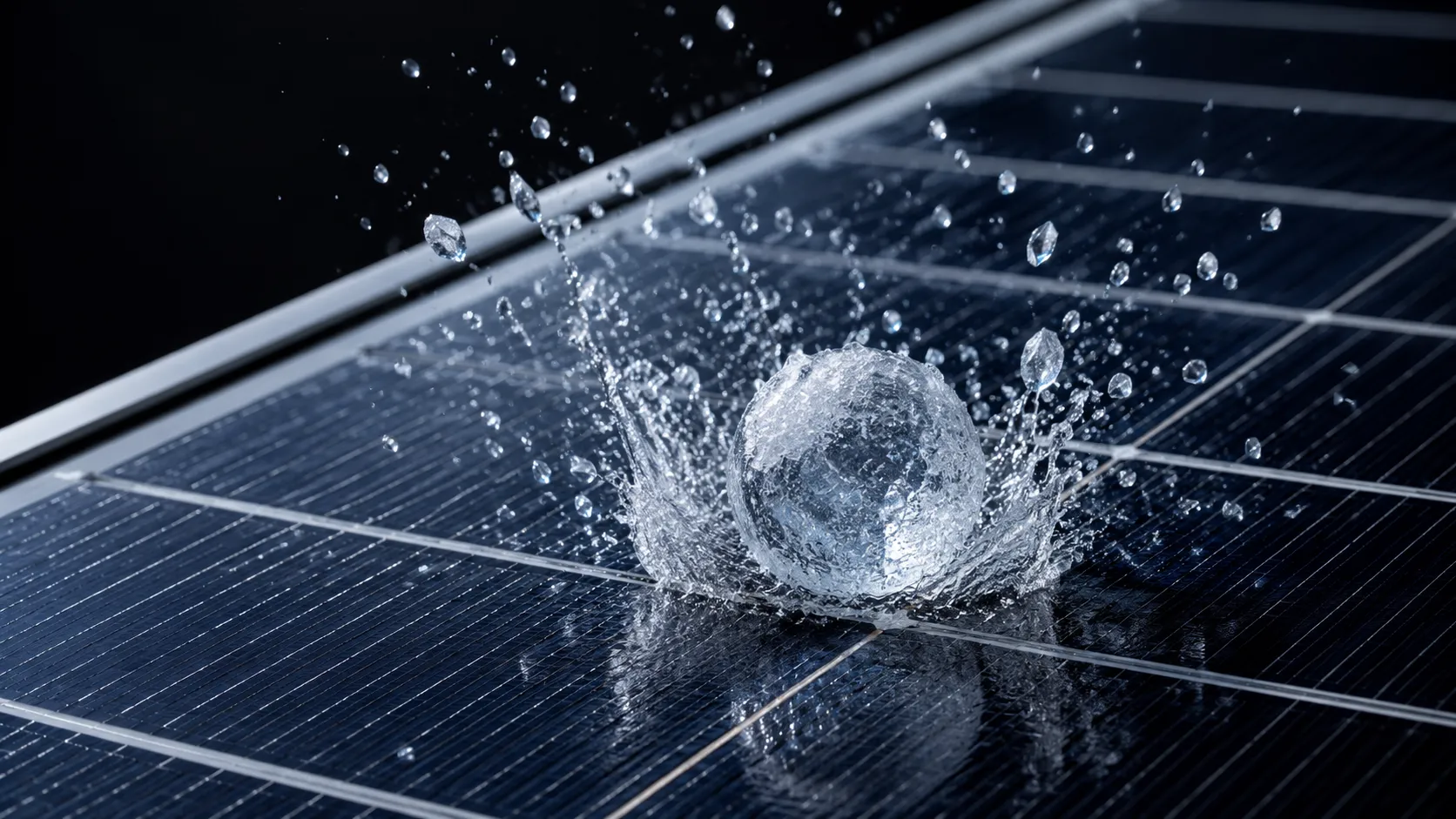 A hailstone striking the tempered glass of a Risen solar panel without cracking it