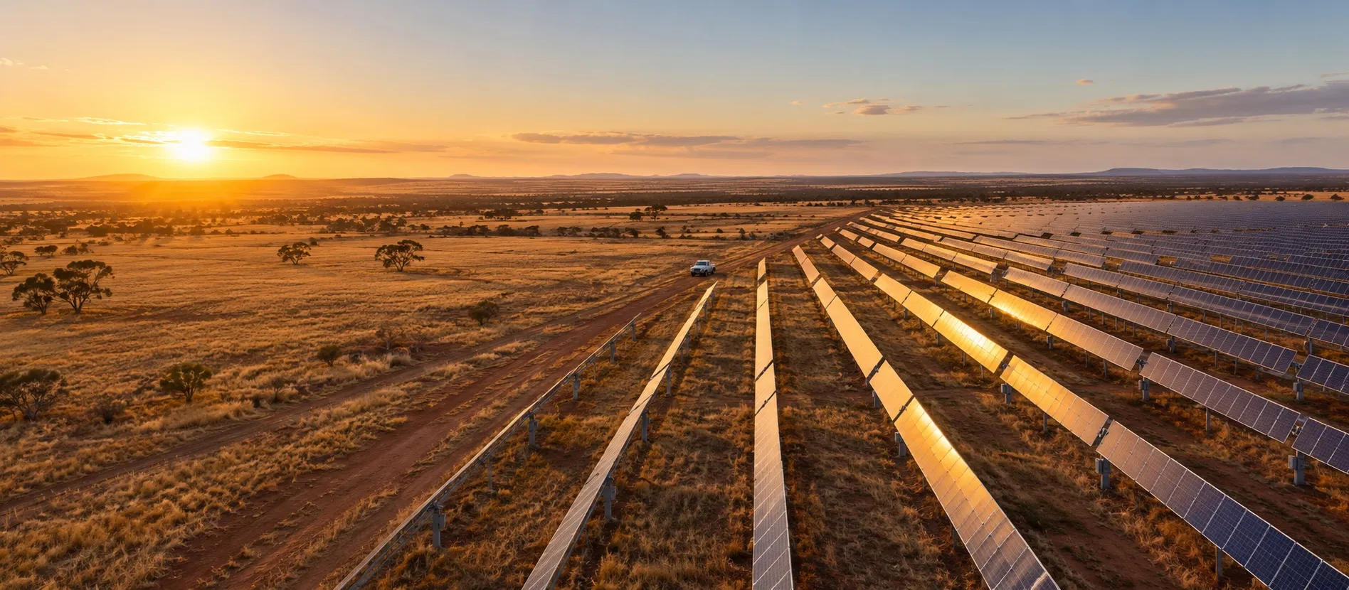 Aerial view at sunset of rows of tracking solar arrays on an Australian solar farm, with a service vehicle on the access track