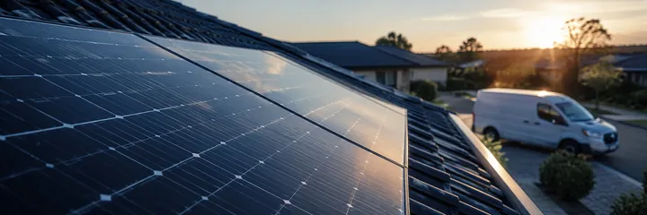 Close-up of freshly installed solar modules on a tiled roof at sunset, installer van in the driveway